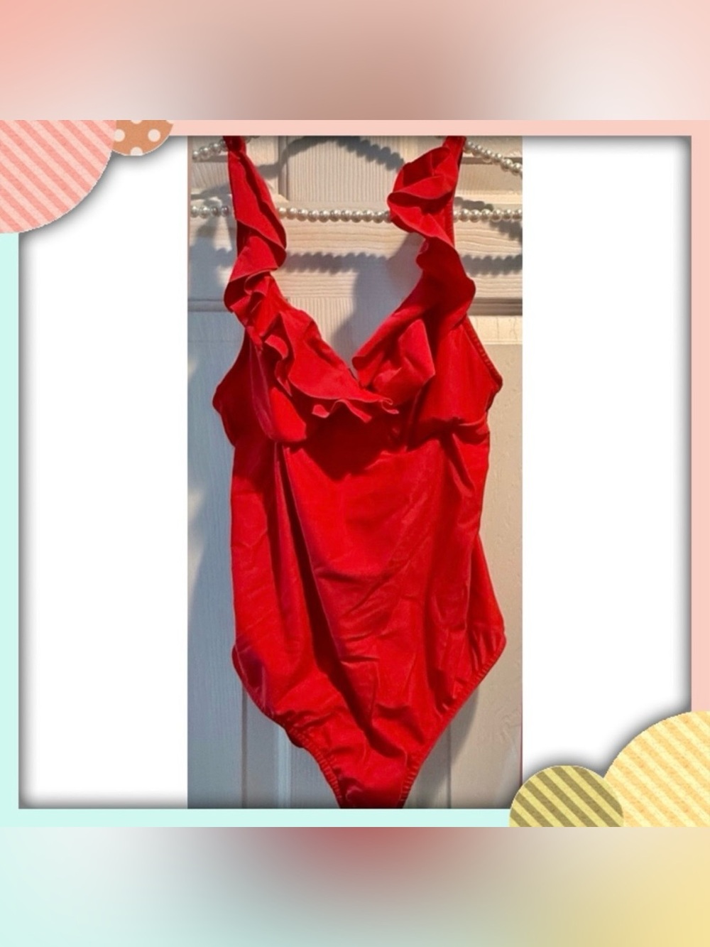 One piece red swimsuit. Venus. Ruffles at shoulders and chest. Size 8. So cute!